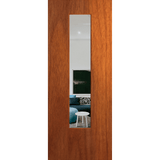 Wooden door with a rectangular glass panel revealing an interior view of a living room. BFR6MerbauClear. 
