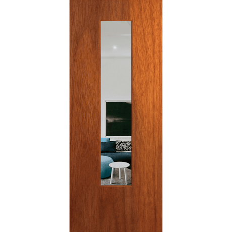 Wooden door with a rectangular glass panel revealing an interior view of a living room. BFR6MerbauClear. 