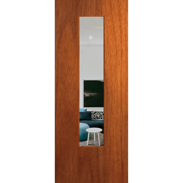 Wooden door with a rectangular glass panel revealing an interior view of a living room. BFR6MerbauClear. 