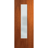 Wooden door with a vertical glass panel on a transparent background. BFR6MerbauFrost.