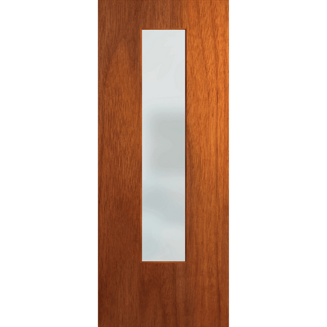 Wooden door with a vertical glass panel on a transparent background. BFR6MerbauFrost.