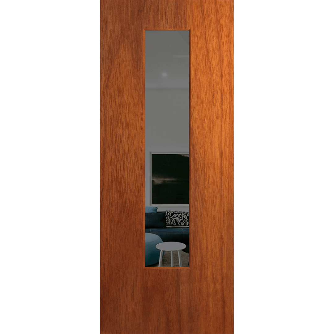 Wooden door with a glass panel showing a living room view. BFR6MerbauGrey.