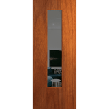Wooden door with a glass panel showing a living room view. BFR6MerbauGrey.