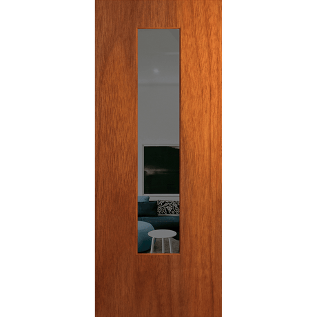 Wooden door with a glass panel showing a living room view. BFR6MerbauGrey.