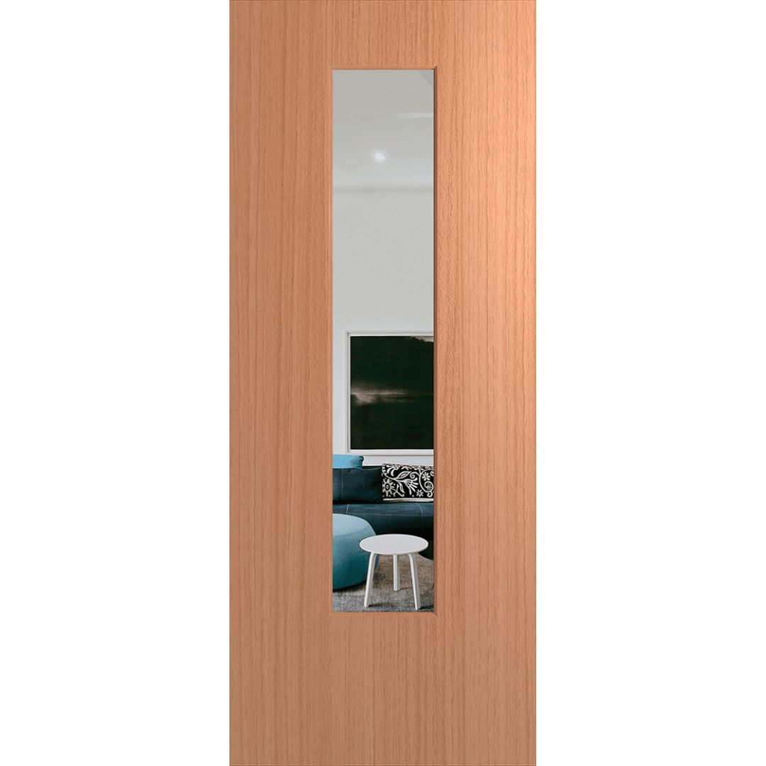 Wooden door with a glass panel showing a living room view on a green background. BFR6SPMClear.
