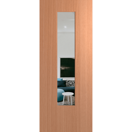 Wooden door with a glass panel showing a living room view on a green background. BFR6SPMClear.
