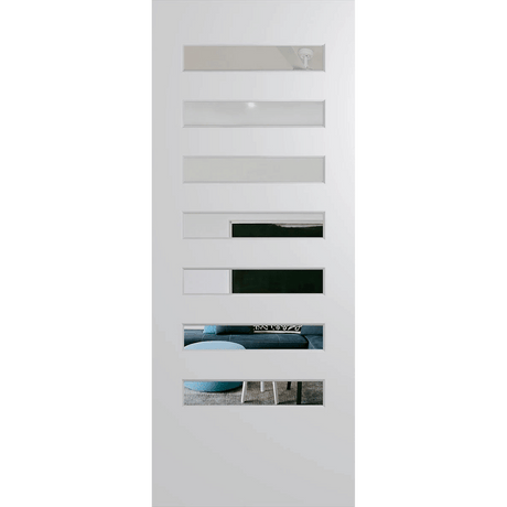 White door with multiple rectangular panels on a green background. BFR8DuraXPClear.