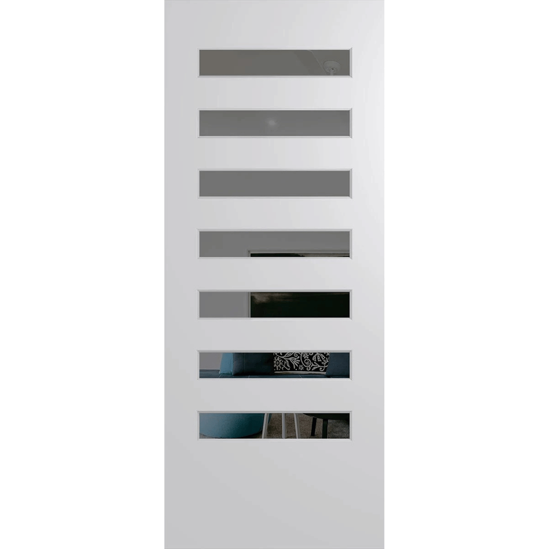 White vertical door with horizontal slats on a green background. BFR8DuraXPGrey.