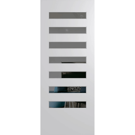 White vertical door with horizontal slats on a green background. BFR8DuraXPGrey.