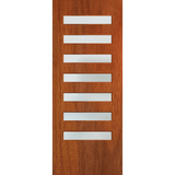 Wooden door with horizontal glass panels on a green background. BFR8MerbauFrost.