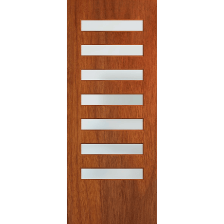 Wooden door with horizontal glass panels on a green background. BFR8MerbauFrost.