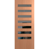 Wooden door with horizontal slats on a green background. BFR8SPMGrey. 