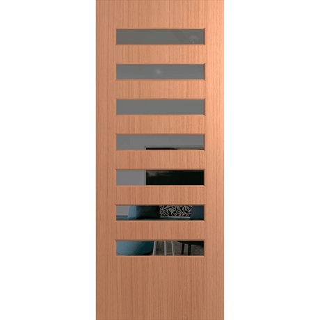 Wooden door with horizontal slats on a green background. BFR8SPMGrey. 