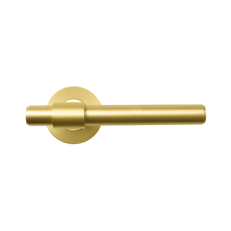 Gold door handle on a white background. BelgraviaPlainLeverHandleSetBrushedSatinBrass.