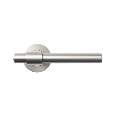 Stainless steel door handle on a white background. BelgraviaPlainLeverHandleSetDullBrushedNickel_19c7ccb7