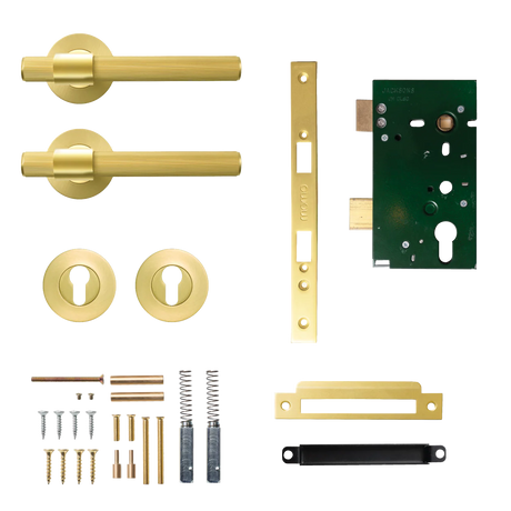 Collection of brass door handles and lock components on a white background. BelgraviaSolidBrassLinedLeverEntranceSetInBrushedSatinBrass