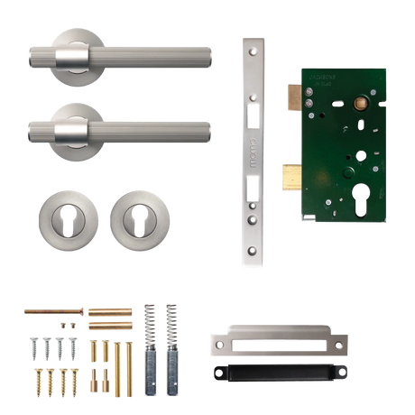 Door lock mechanism set with handles and components on a white background. BelgraviaSolidBrassLinedLeverEntranceSetInDullBrushedNickel