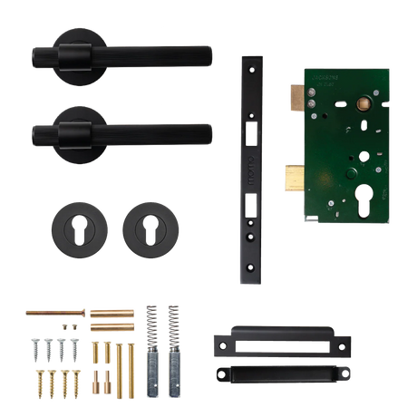 Door lock mechanism set with black handles, plates, and hardware on a white background. BelgraviaSolidBrassLinedLeverEntranceSetInMattBlack