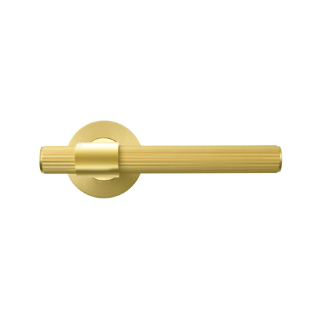 Gold door handle on a white background. BelgraviaSolidBrassLinedLeverHandleSetInBrushedSatinBrass_27a92538