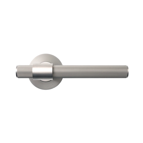 Silver door handle on a white background. BelgraviaSolidBrassLinedLeverHandleSetInDullBrushedNickel_07d3a36e-b305-4587-b940-156de58e7a2f