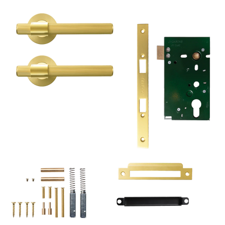 Set of brass door handles and lock mechanism on a white background. BelgraviaSolidBrassLinedMorticeLockPassageLeverSetInBrushedSatinBrass