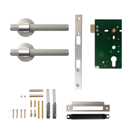 Door handle assembly with components on a white background. BelgraviaSolidBrassLinedMorticeLockPassageLeverSetInDullBrushedNickel