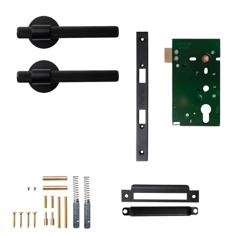 Door handle set with lock mechanism and hardware components on a white background. BelgraviaSolidBrassLinedMorticeLockPassageLeverSetInMattBlack