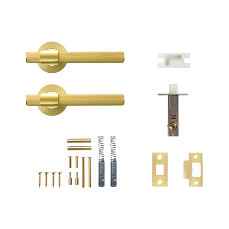 Door handle assembly with screws and lock mechanism on a white background. BelgraviaSolidBrassLinedTubularLatchPassageLeverSetInBrushedSatinBrass_c58df728