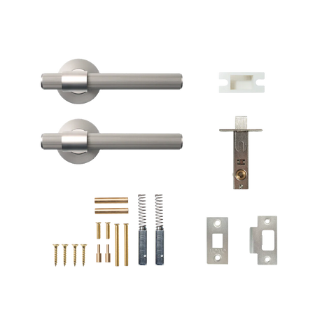 Door handle assembly with screws and springs on a white background. BelgraviaSolidBrassLinedTubularLatchPassageLeverSetInDullBrushedNickel_29dc975a-2075-4cb4-97ae-62d660202212