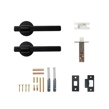 Black door handles and lock mechanism on a white background. BelgraviaSolidBrassLinedTubularLatchPassageLeverSetInMattBlack_4c21be09-2799-41a0-94a6-30ed5c9eadc0