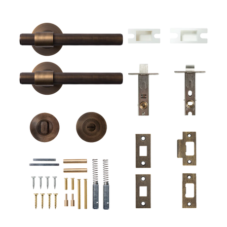 Collection of door handles and lock mechanisms on a white background. BelgraviaSolidBrassLinedTubularLatchPrivacyLeverSetInBronze_668c3213-9faa-4a9b-b846-ae987be88329
