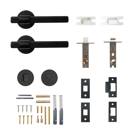 Door handle and lock mechanism set on a white background. BelgraviaSolidBrassLinedTubularLatchPrivacyLeverSetInMattBlack