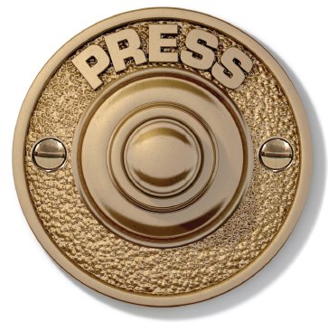 Gold doorbell button with 'PRESS' text on a white background. BellPlate_ButtonPB