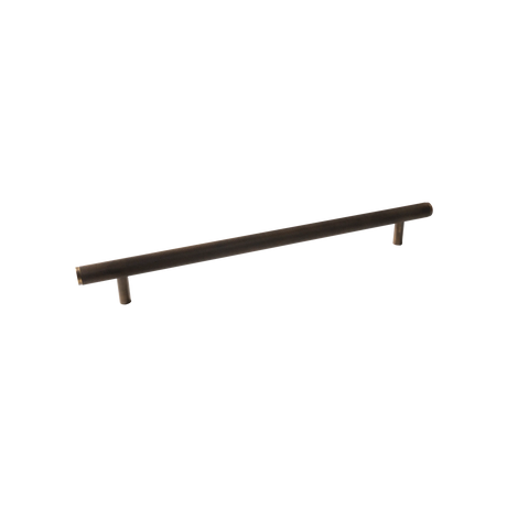 Long, thin black metal bar on a white background. BellevueKnurledSolidBrassEntrancePullHandleInBronze