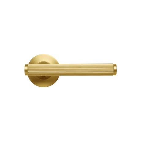 Gold door handle on a white background. BellevueLinedLeverHandleSetBrushedSatinBrass