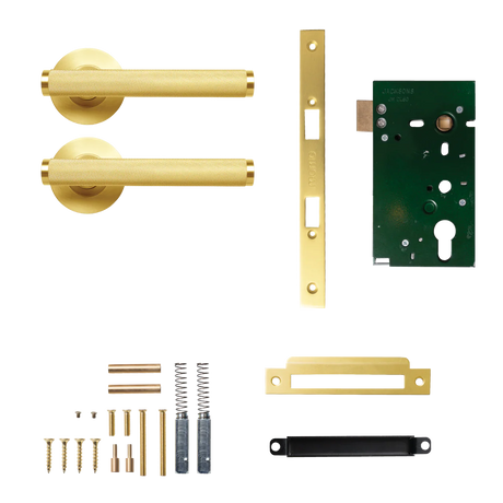 Set of gold door handles and lock mechanism on a white background. BellevueSolidBrassKnurledMorticeLockPassageLeverSetInBrushedSatinBrass