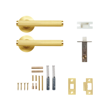 Gold door handle set with components on a white background. BellevueSolidBrassKnurledTubularLatchPassageLeverSetInBrushedSatinBrass