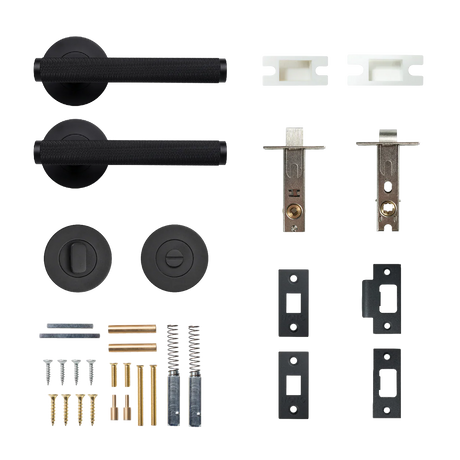 Door handle and lock mechanism set on a white background. BellevueSolidBrassKnurledTubularLatchPrivacyLeverSetInMattBlack