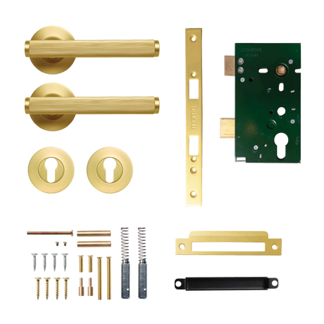 Set of gold door handles and lock mechanism on a white background. BellevueSolidBrassLinedLeverEntranceSetInBrushedSatinBrass