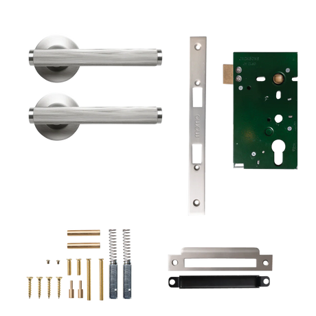 Door handle assembly with lock mechanism and components on a white background. BellevueSolidBrassLinedMorticeLockPassageLeverSetInDullBrushedNickel
