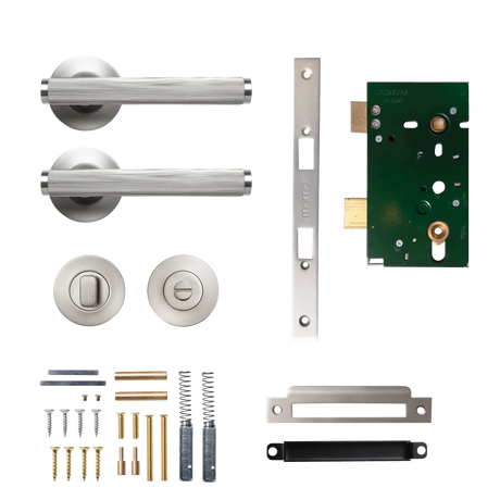 Collection of door hardware components on a white background. BellevueSolidBrassLinedMorticeLockPrivacyLeverSetInDullBrushedNickel
