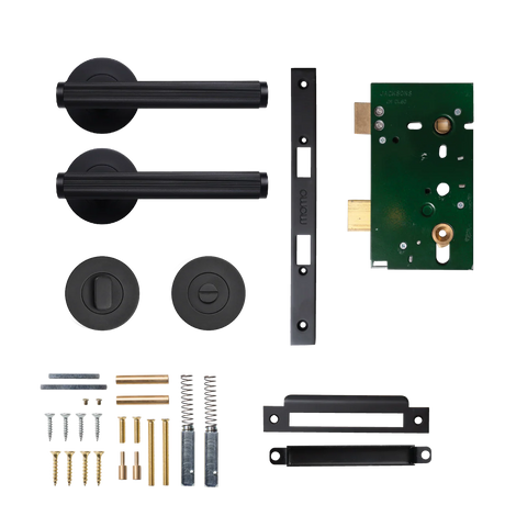 Door handle assembly with components on a white background. BellevueSolidBrassLinedMorticeLockPrivacyLeverSetInMattBlack