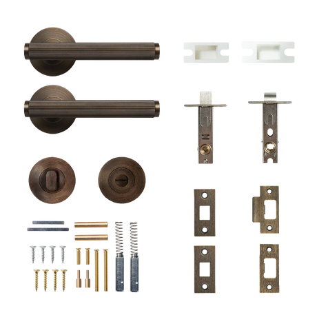 Door handle and lock mechanism set on a white background. BellevueSolidBrassLinedTubularLatchPrivacyLeverSetInBronze