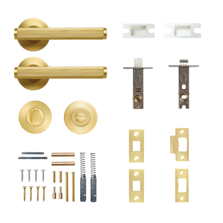 Collection of gold door handles and lock components on a white background. BellevueSolidBrassLinedTubularLatchPrivacyLeverSetInBrushedSatinBrass