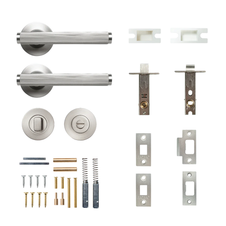 Collection of door handles, locks, and hardware components on a white background. BellevueSolidBrassLinedTubularLatchPrivacyLeverSetInDullBrushedNickel