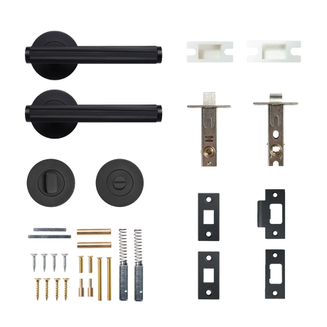 Door handle and lock mechanism set on a white background. BellevueSolidBrassLinedTubularLatchPrivacyLeverSetInMattBlack