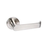 Zanda Bellonia commercial grade door handle in stainless steel finish on a round rose