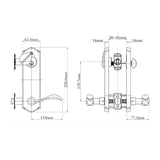 Technical drawing of a door handle lock assembly Etna Medium Entry Set Box Pack with dimensions