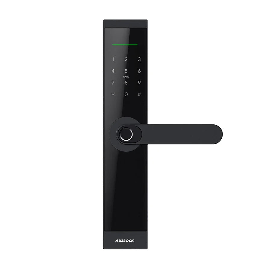 Black digital door lock with Aulock branding on a white background. GlorySeriesH06WifiSmartLock_2