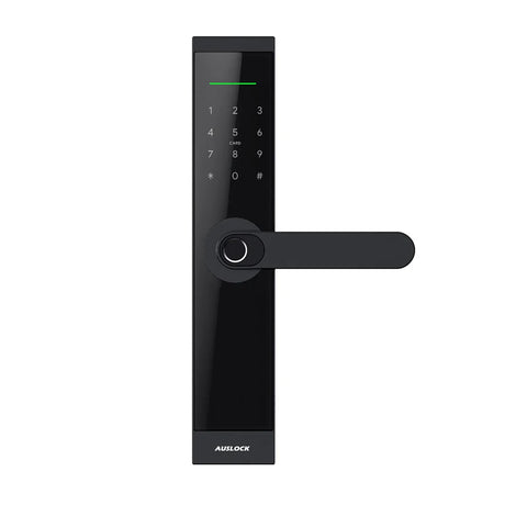 Black digital door lock with Aulock branding on a white background. GlorySeriesH06WifiSmartLock_2